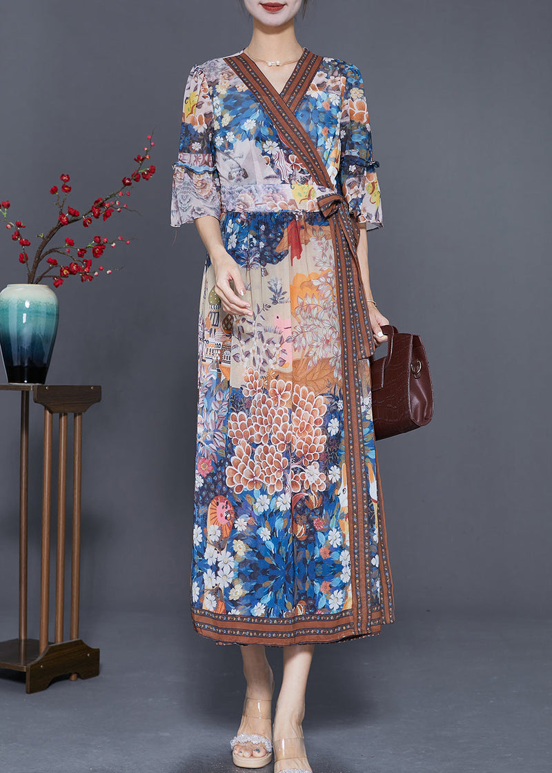 V Neck Print Tie Waist Chiffon Dress Summer