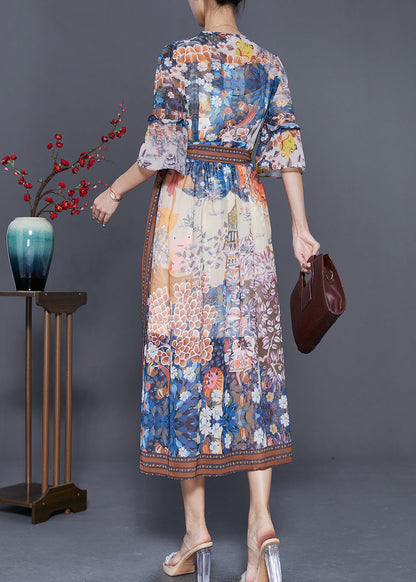 V Neck Print Tie Waist Chiffon Dress Summer
