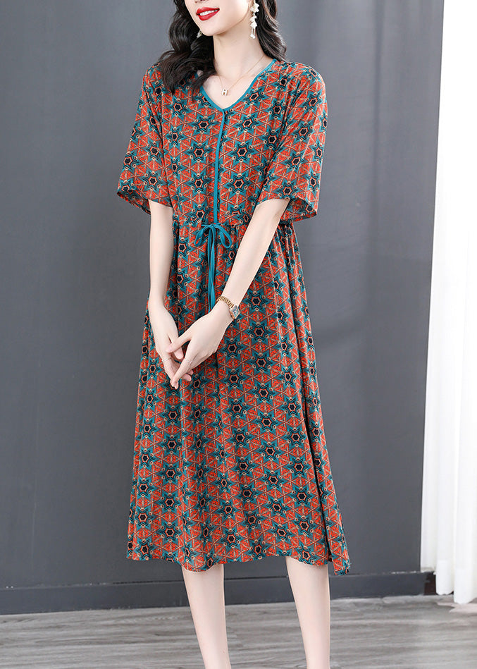 V Neck Print Wrinkled Tie Waist Long Dresses Summer