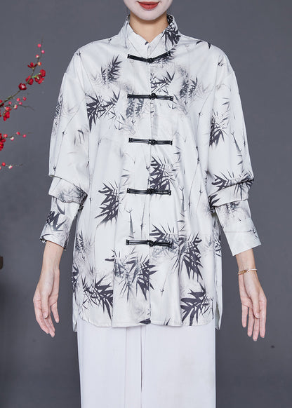 White Inkwash Painting Print Chinese Button Chiffon Shirt Tops Fall