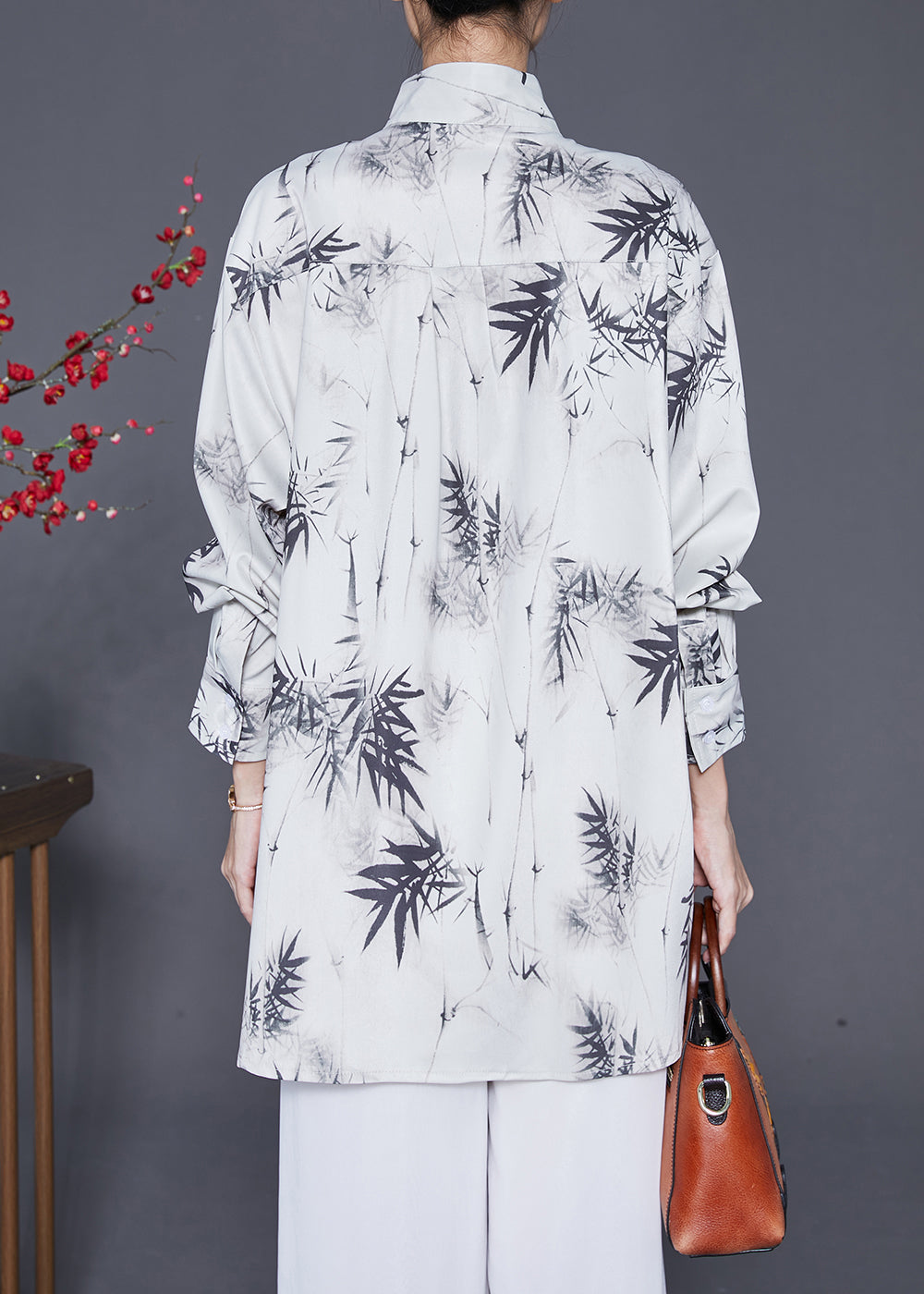 White Inkwash Painting Print Chinese Button Chiffon Shirt Tops Fall