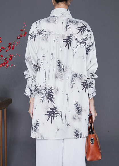 White Inkwash Painting Print Chinese Button Chiffon Shirt Tops Fall
