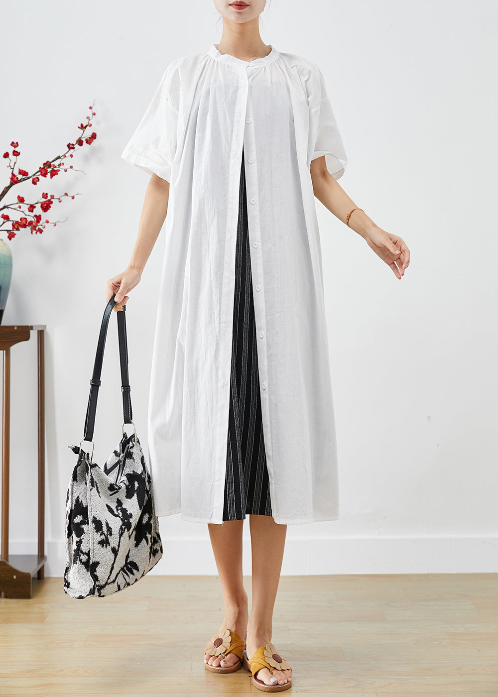 White Oversized Cotton Cardigan and Dress Two Piece Set Summer