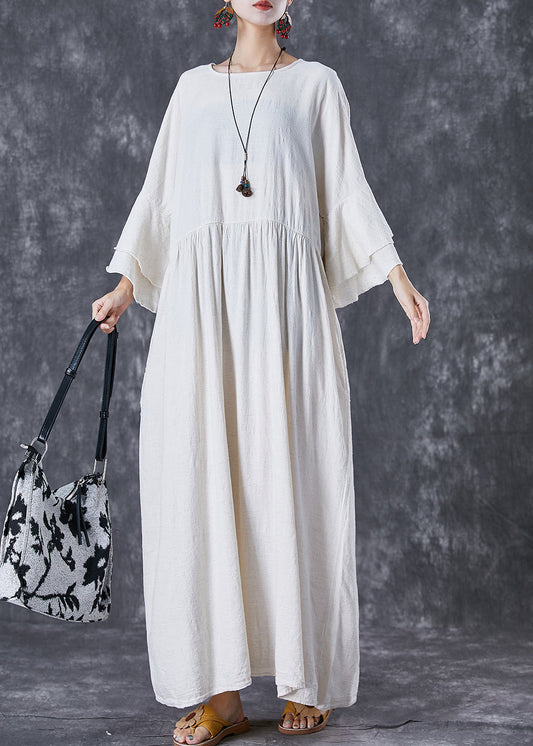 White Oversized Exra Large Hem Linen Maxi Dresses Flare Sleeve