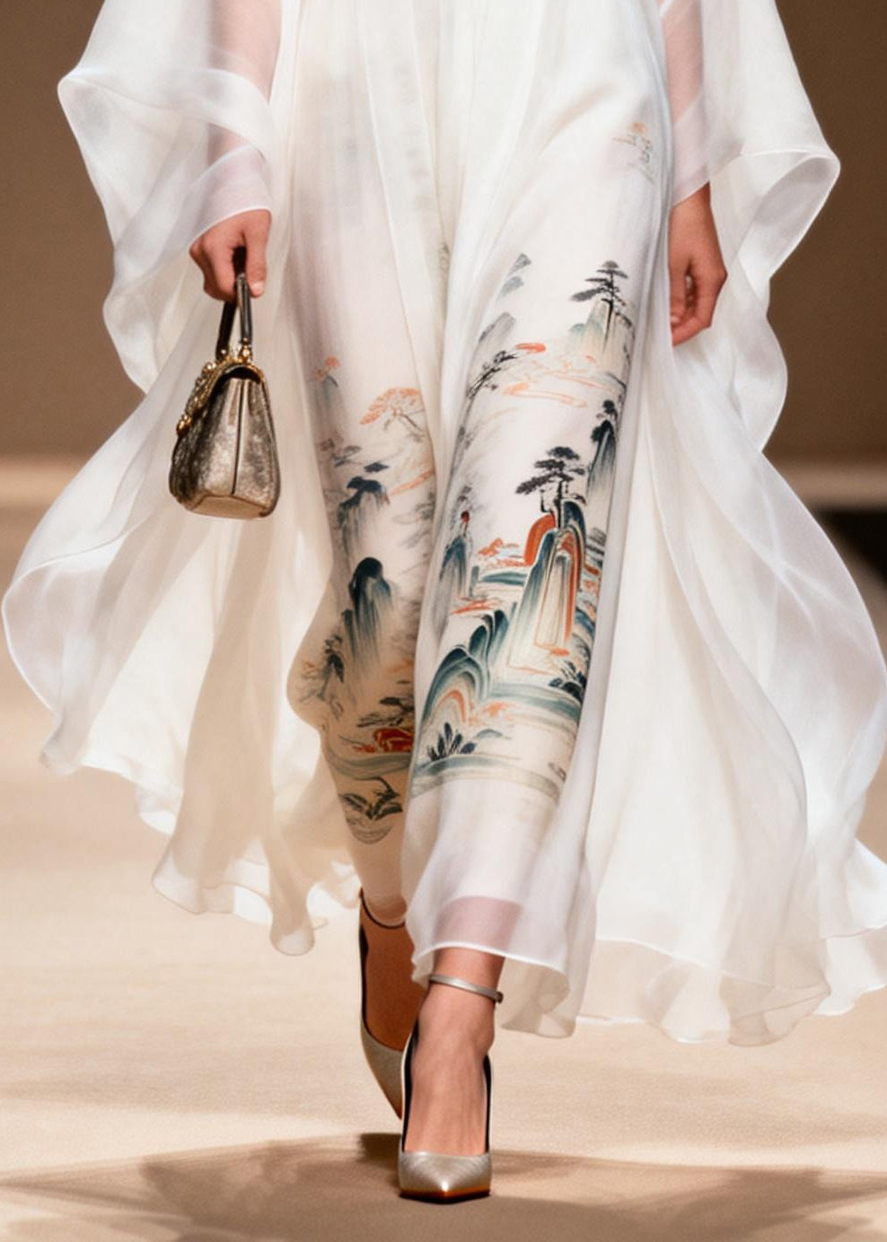White Print Chiffon Dress Two Piece Set Summer