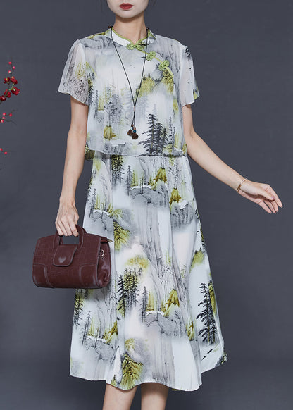 White Print Chiffon Oriental Dresses Summer