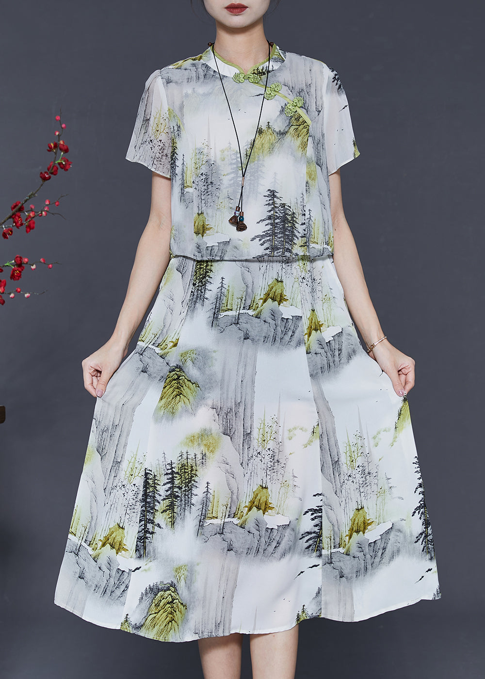 White Print Chiffon Oriental Dresses Summer