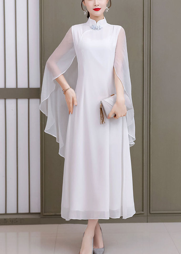 White Mandarin Collar Shawl Chiffon Cheongsam Dress Sleeveless