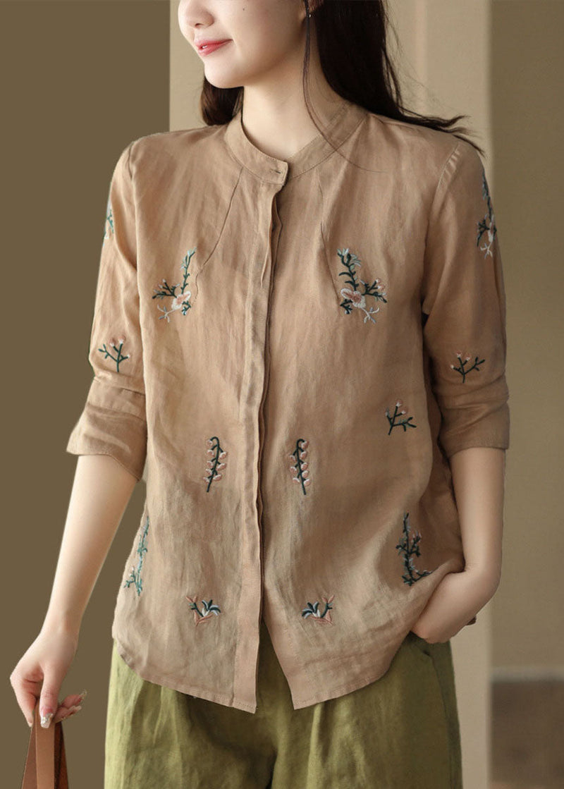 White Stand Collar Embroideried Patchwork Linen Tops Summer