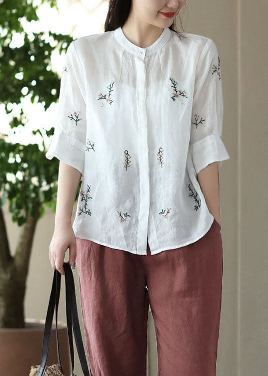 White Stand Collar Embroideried Patchwork Linen Tops Summer