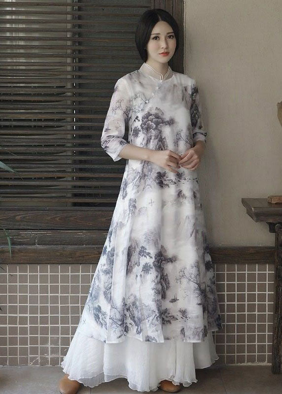 White Stand Collar Ruffled Print Patchwork Linen Dress Summer