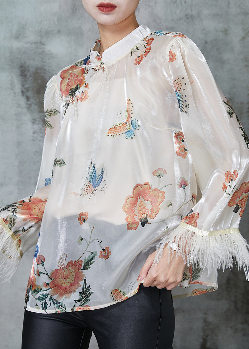 White Tasseled Print Silk Shirts Spring