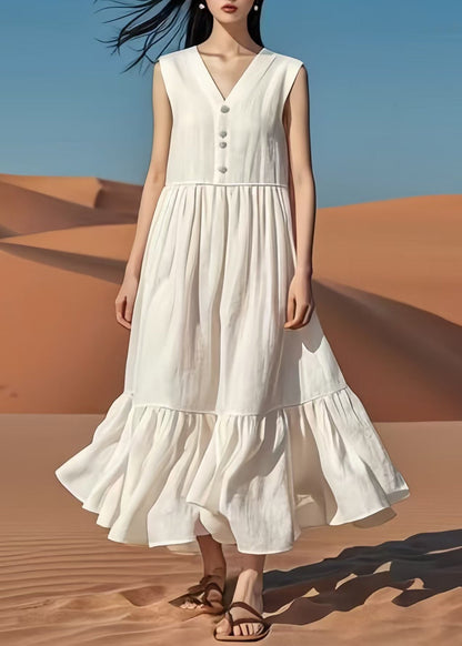 White V Neck Patchwork Cotton Long Dresses Summer