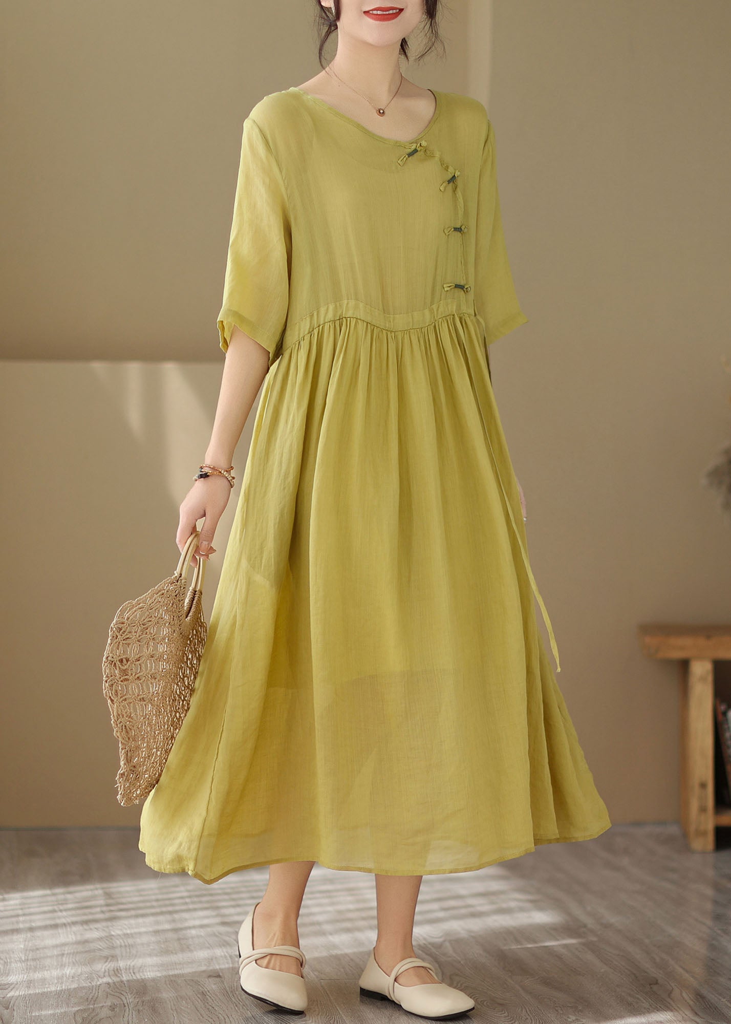 Yellow O Neck Chinese Button Patchwork Cotton Dresses Summer