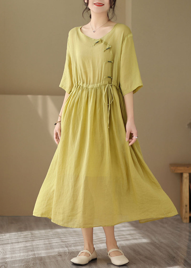 Yellow O Neck Chinese Button Patchwork Cotton Dresses Summer