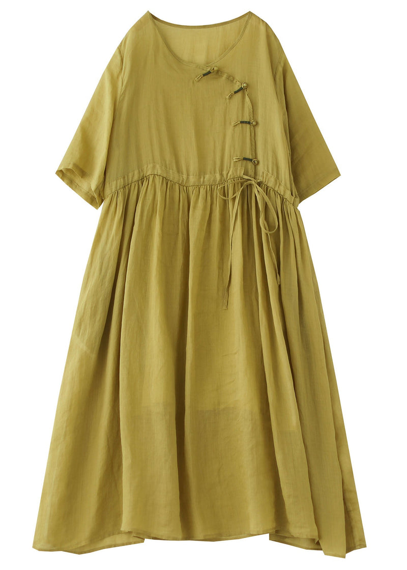 Yellow O Neck Chinese Button Patchwork Cotton Dresses Summer