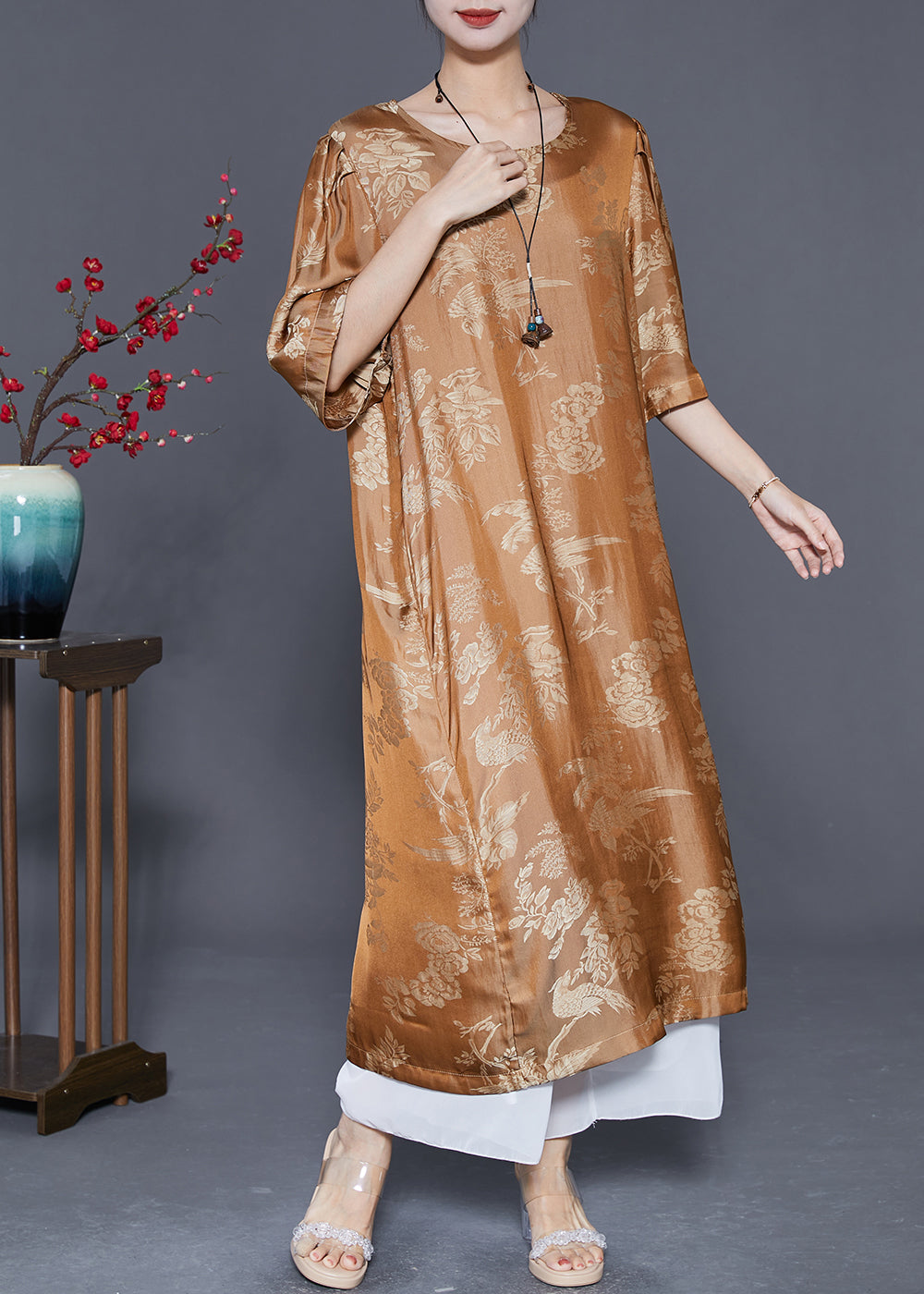 Yellow O-neck Jacquard Silk Long Dresses Summer