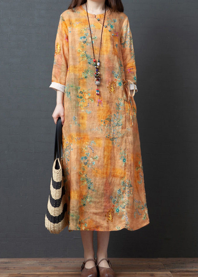 Yellow O-neck Print Tie Waist Linen Holiday Dress Spring