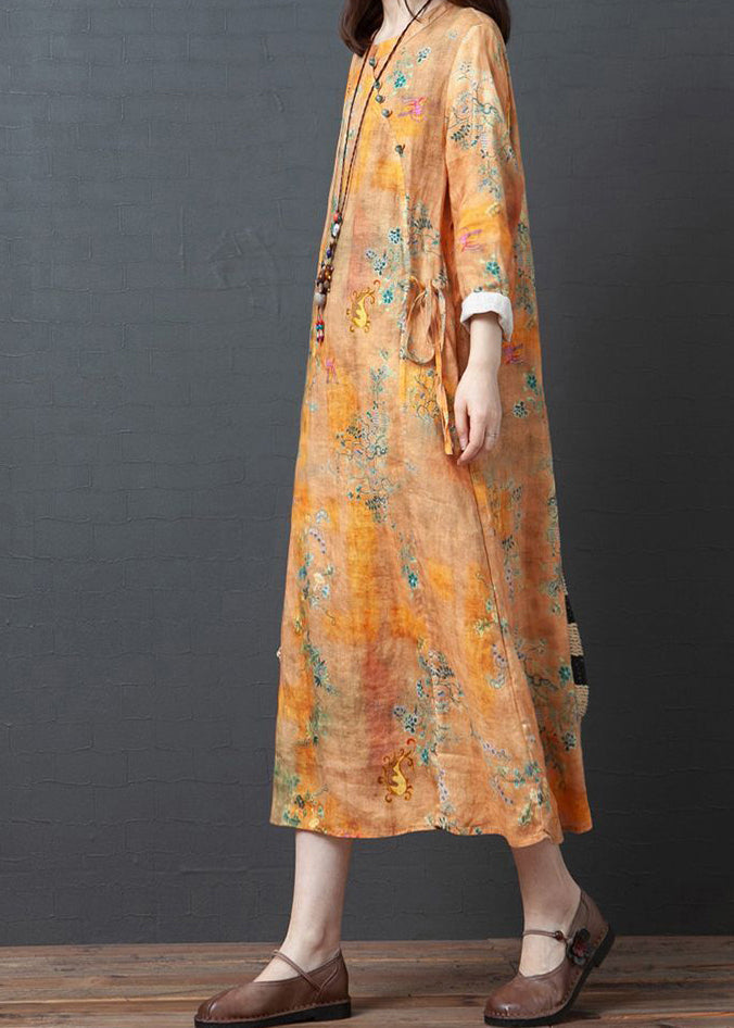 Yellow O-neck Print Tie Waist Linen Holiday Dress Spring