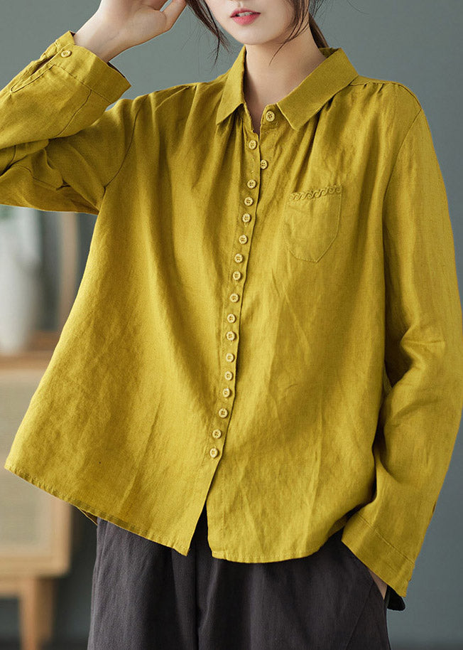 Yellow Peter Pan Collar Embroideried Linen Shirt Long Sleeve