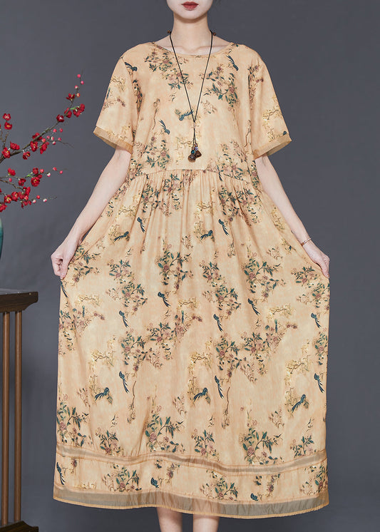 Yellow Print Exra Large Hem Silk Dresses Summer