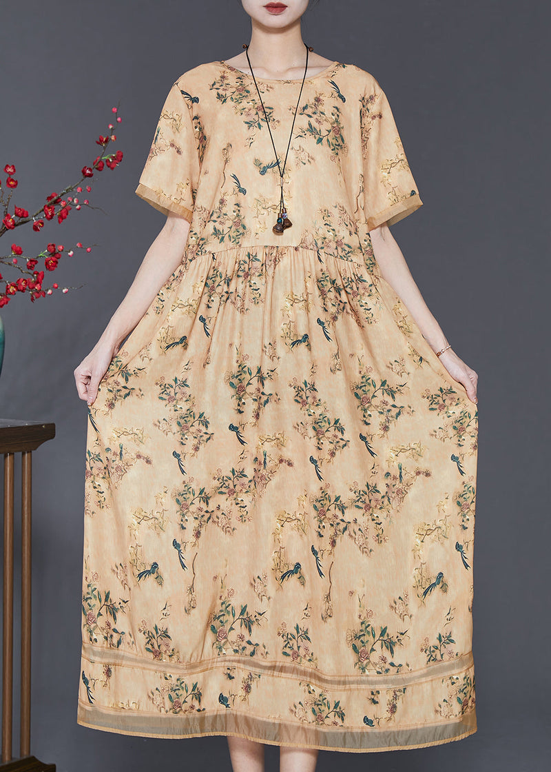 Yellow Print Exra Large Hem Silk Dresses Summer
