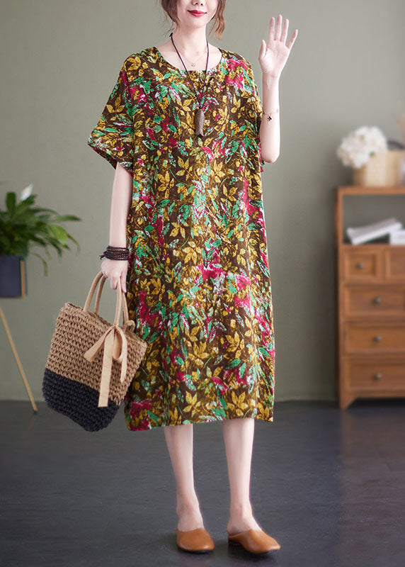 Yellow Print O-neck Cotton Long Dresses Short Sleeve