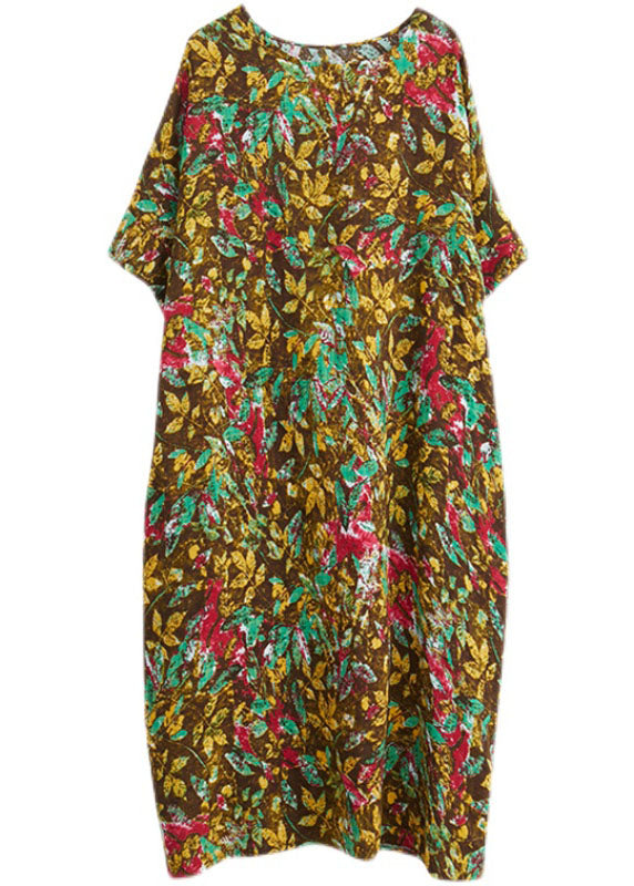 Yellow Print O-neck Cotton Long Dresses Short Sleeve