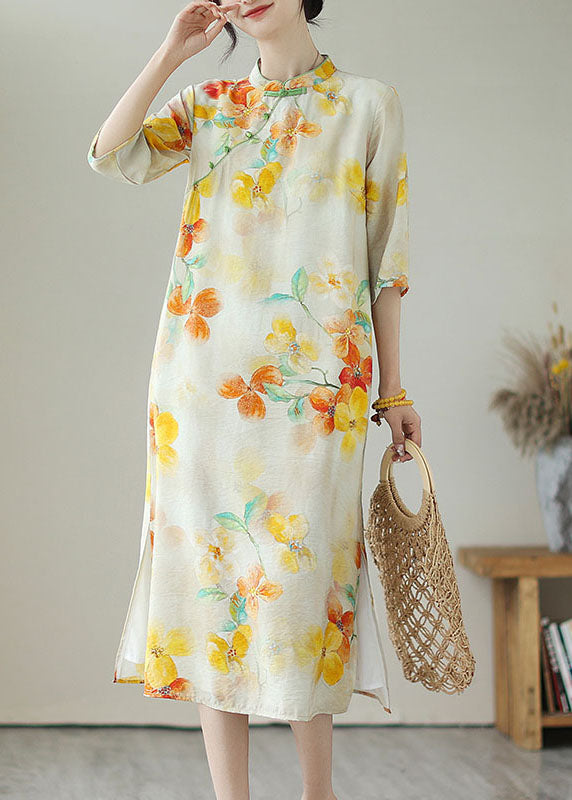 Yellow Stand Collar Print Button Patchwork Linen Dress Summer
