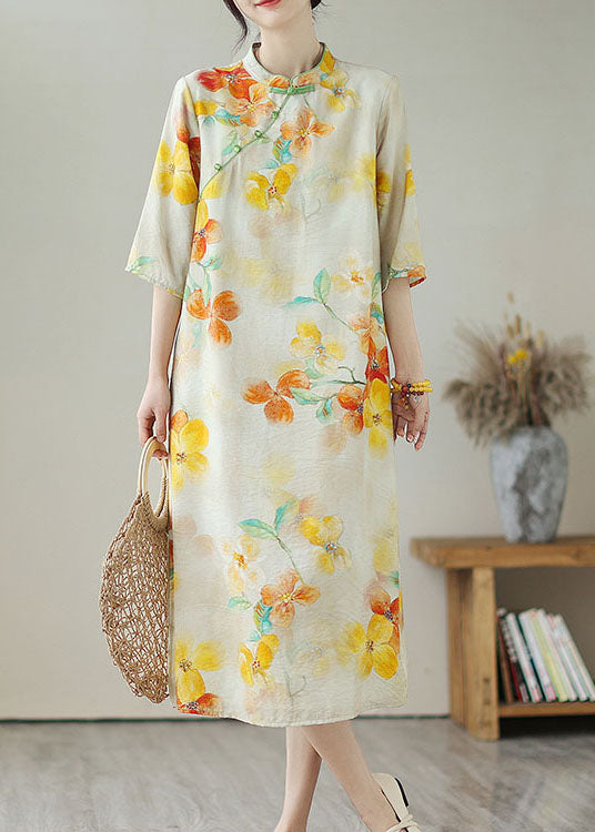Yellow Stand Collar Print Button Patchwork Linen Dress Summer