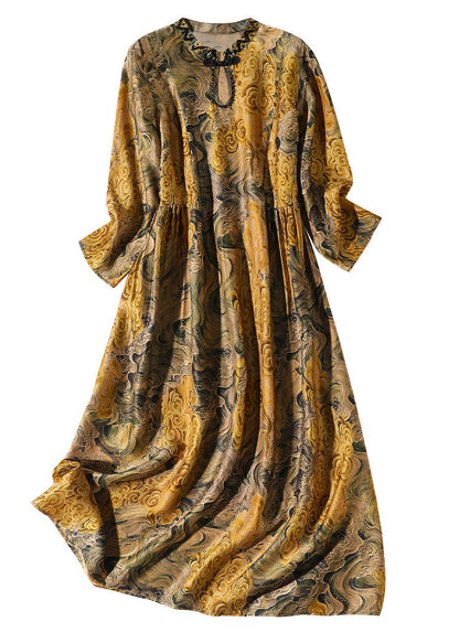 Yellow Stand Collar Print Button Silk Maxi Dress Summer