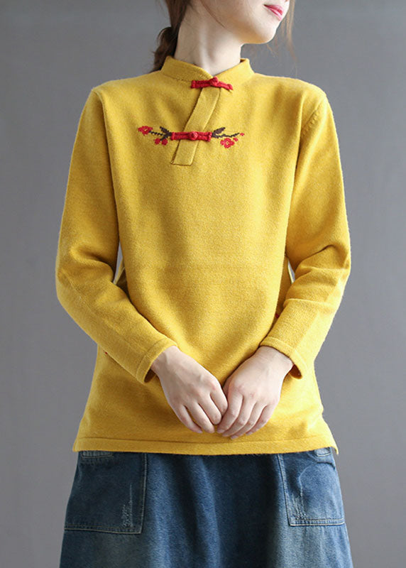 Yellow Stand Collar Low High Design Embroideried Knit Sweater Spring
