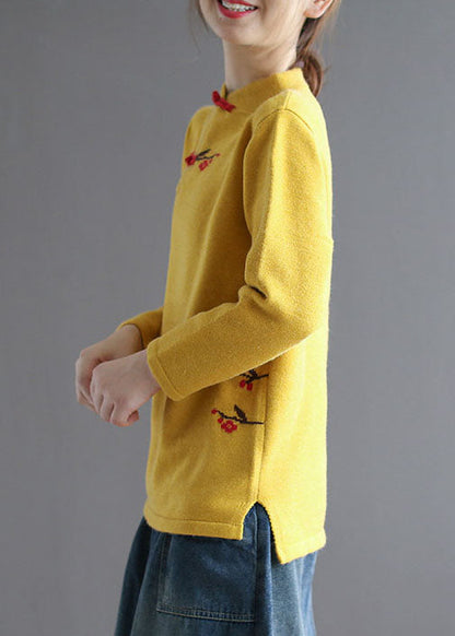 Yellow Stand Collar Low High Design Embroideried Knit Sweater Spring
