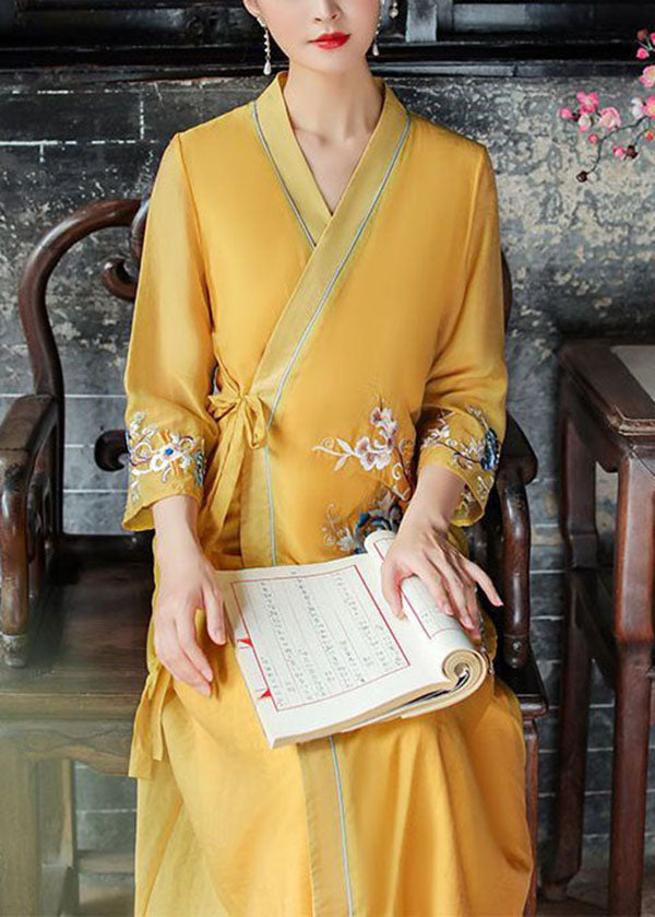 Yellow V Neck Embroideried Patchwork Silk Dress Summer