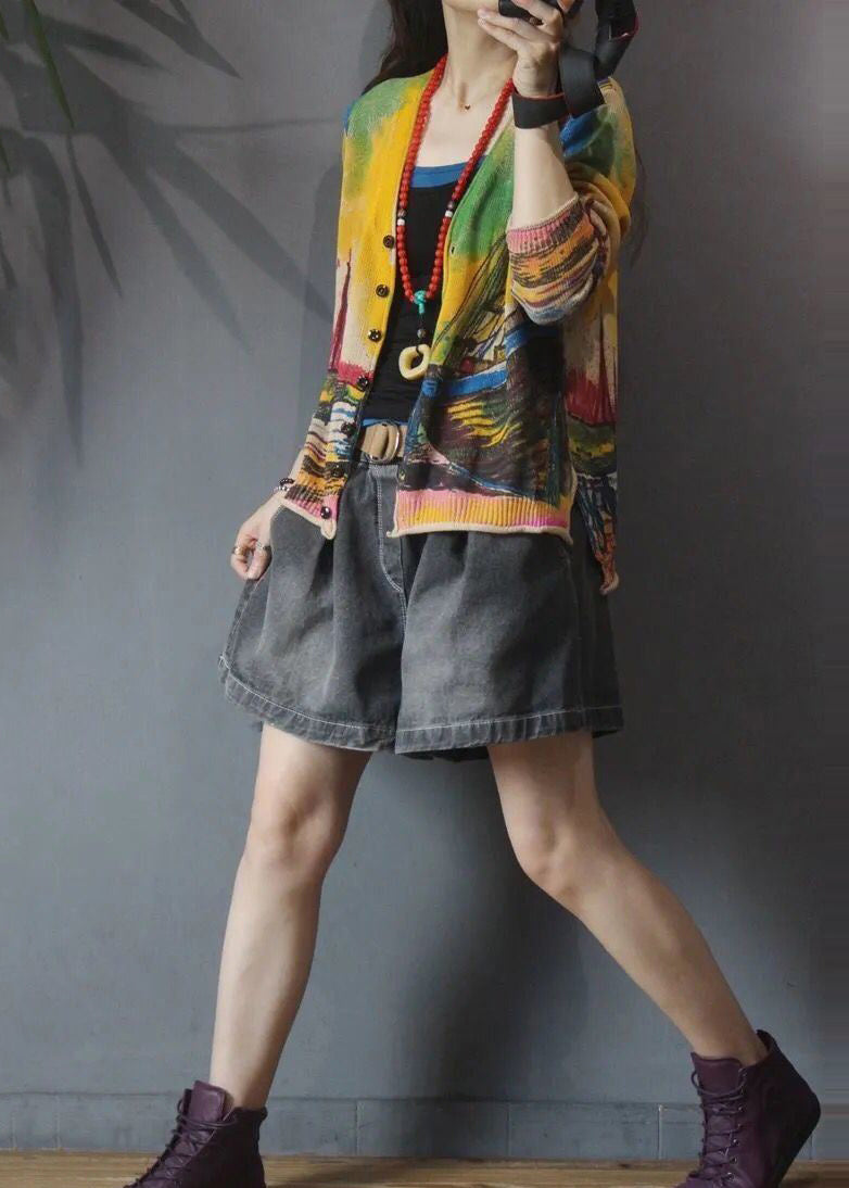 Yellow V Neck Print Knit Loose Cardigan Spring