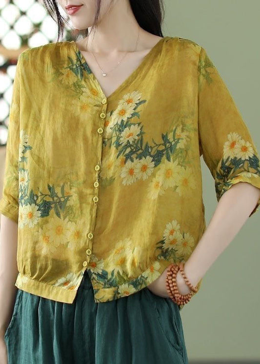 Yellow V Neck Print Linen Shirt Tops Half Sleeve