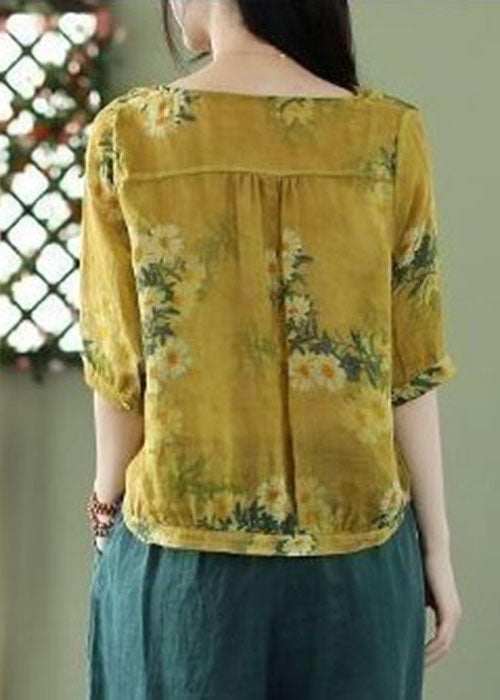 Yellow V Neck Print Linen Shirt Tops Half Sleeve