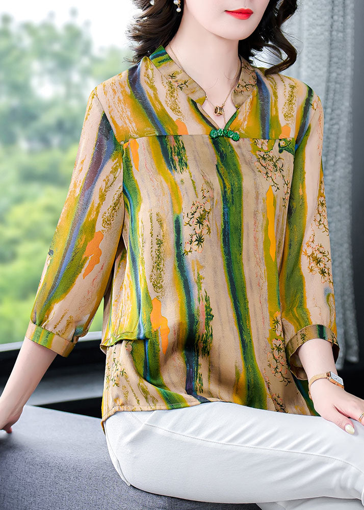 Yellow V Neck Print Patchwork Silk Shirt Tops Bracelet Sleeve