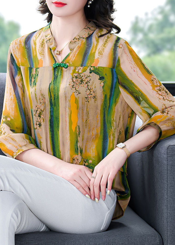 Yellow V Neck Print Patchwork Silk Shirt Tops Bracelet Sleeve