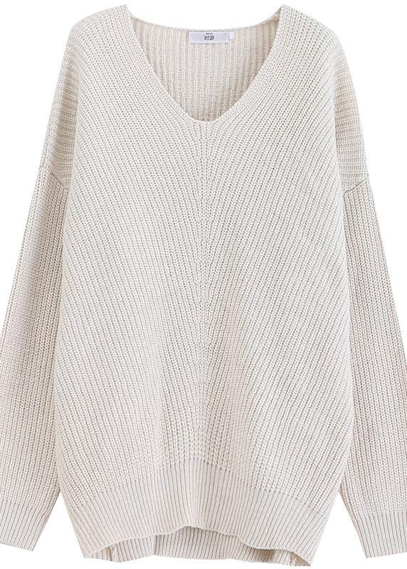 Beige Knit Tops Fall V Neck Batwing Sleeve Knitted T Shirt