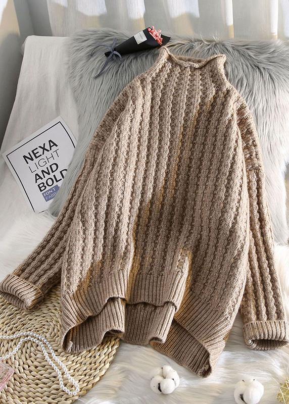 Beige Knitted Pullover Low High Design Clothing Half High Neck Knit Sweat Tops