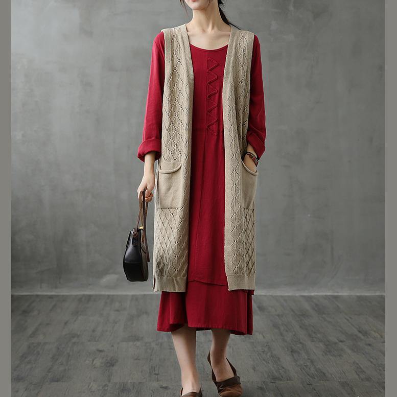 Beige V Neck Sleeveless Knit Sweat Tops