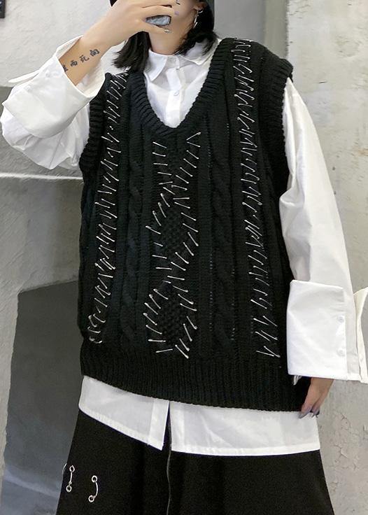 Black Knit Blouse Sleeveless V Neck Knit Sweat Tops