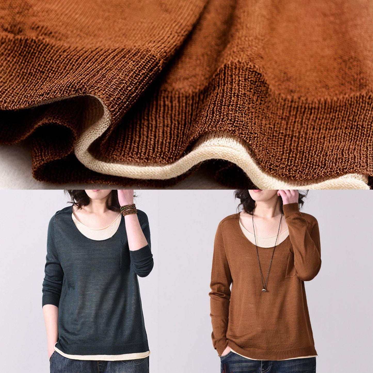 Blackish Green Knit T Shirt Plussize O Neck Knit Sweat Tops False Two Pieces