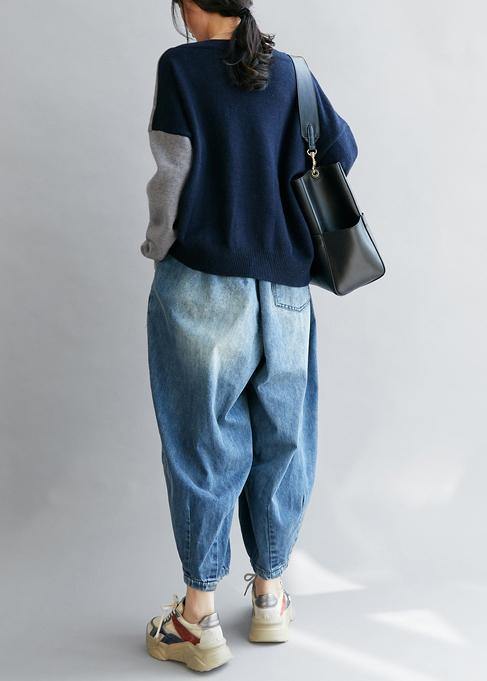 Blue Clothes V Neck Patchwork Loose Fitting Fall Sweaters