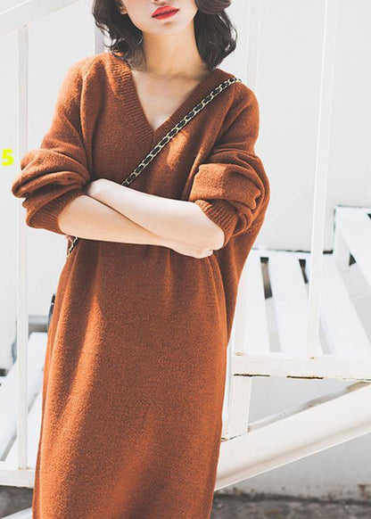 Chocolate Sweater Wardrobes Street Style V Neck Baggy Daily Sweater Dresses