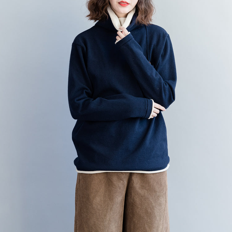 Dark Blue Knit Coats Loose Fitting High Neck Knit Sweat Tops