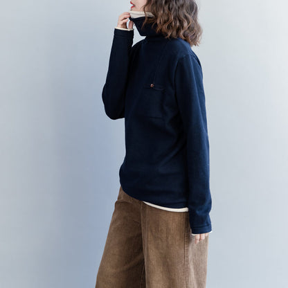 Dark Blue Knit Coats Loose Fitting High Neck Knit Sweat Tops