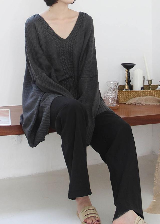 Dark Gray Knitted Blouse Fall V Neck Batwing Sleeve Knitted Clothes