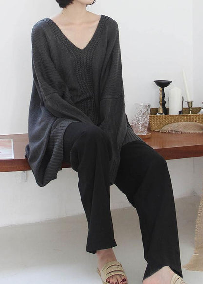 Dark Gray Knitted Blouse Fall V Neck Batwing Sleeve Knitted Clothes
